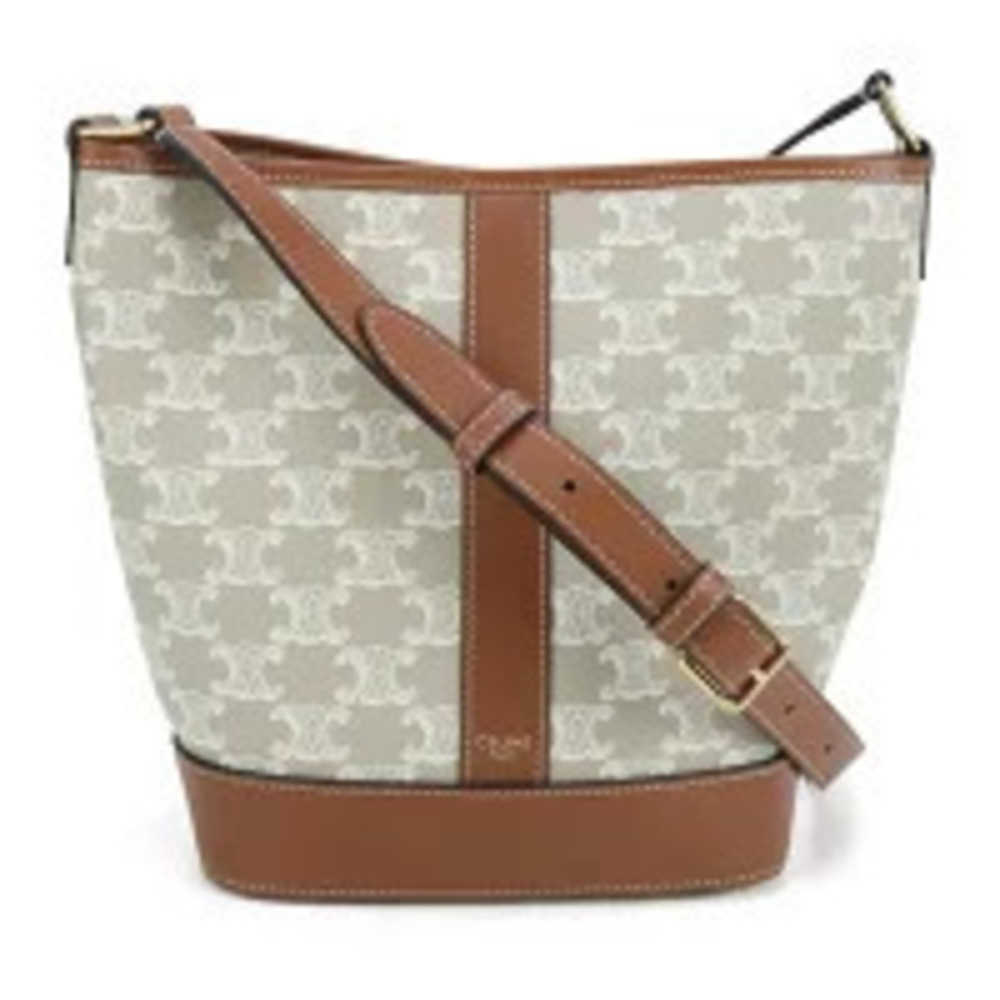 Celine Shoulder Bag Triomphe Canvas Bucket Beige Cream Crossbody
